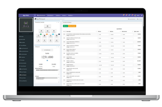 Estoque de Produtos integrado com baixa automática em cada venda.